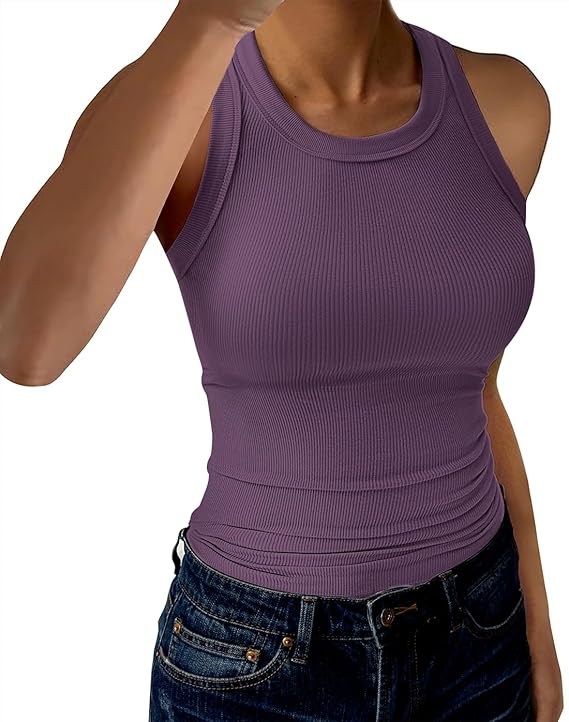 Womens Tank Tops High Neck Sleeveless Ribbed Tank Casual Basic Thick Strap Slim Fitted Racerback Shirts
