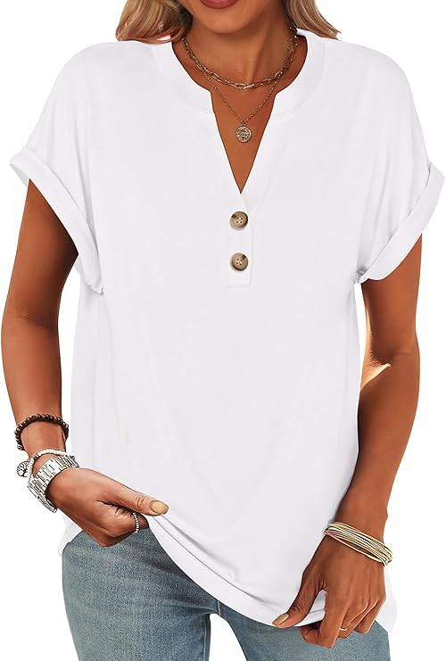 Womens Short Sleeve Henley Tops V Neck Dressy Casual Blouses Summer Trendy Tee Shirts 2026 Vacation Fashion Clothes