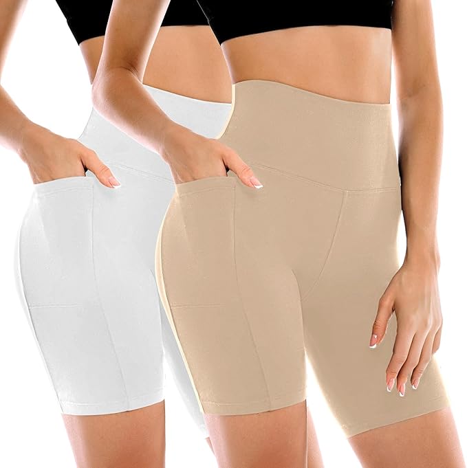 2 Pack Womens Biker Shorts with Pockets, High Waisted Yoga Shorts for Women Running Gym and Workout