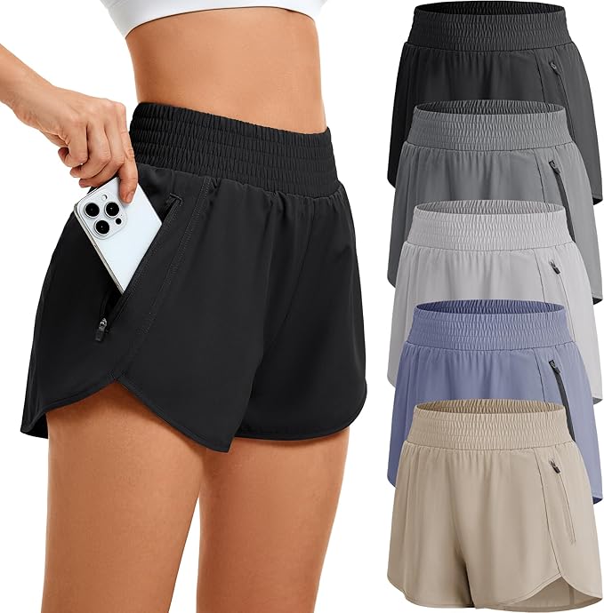 Women's Athletic Workout Short High Waisted Elastic Running Shorts with Pockets for Gym Casual