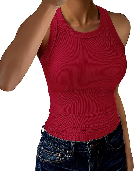 Womens Tank Tops High Neck Sleeveless Ribbed Tank Casual Basic Thick Strap Slim Fitted Racerback Shirts