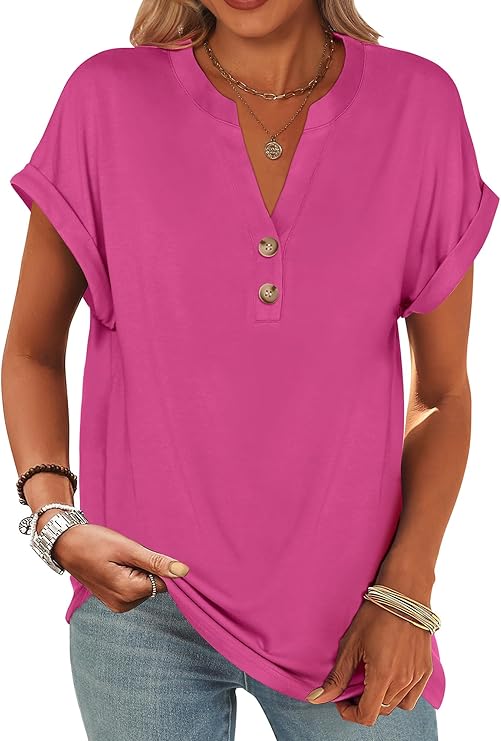 Womens Short Sleeve Henley Tops V Neck Dressy Casual Blouses Summer Trendy Tee Shirts 2026 Vacation Fashion Clothes