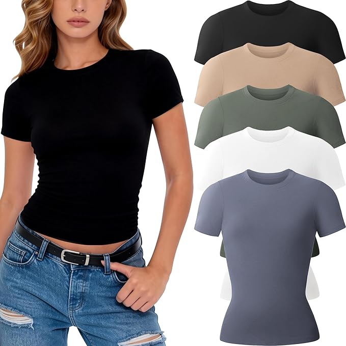 3/5 Pack Womens T Shirts Crew Neck Short Sleeve Shirts for Women Casual Basic Tees Fitted Stretchy Layering Tops