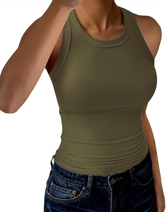 Womens Tank Tops High Neck Sleeveless Ribbed Tank Casual Basic Thick Strap Slim Fitted Racerback Shirts