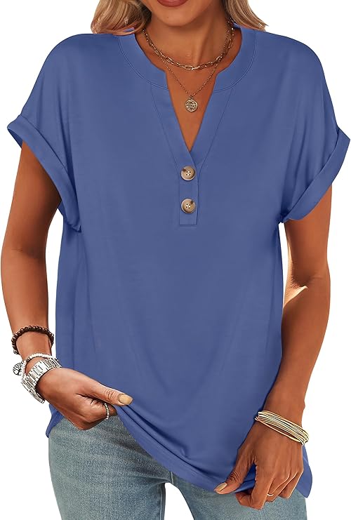 Womens Short Sleeve Henley Tops V Neck Dressy Casual Blouses Summer Trendy Tee Shirts 2026 Vacation Fashion Clothes