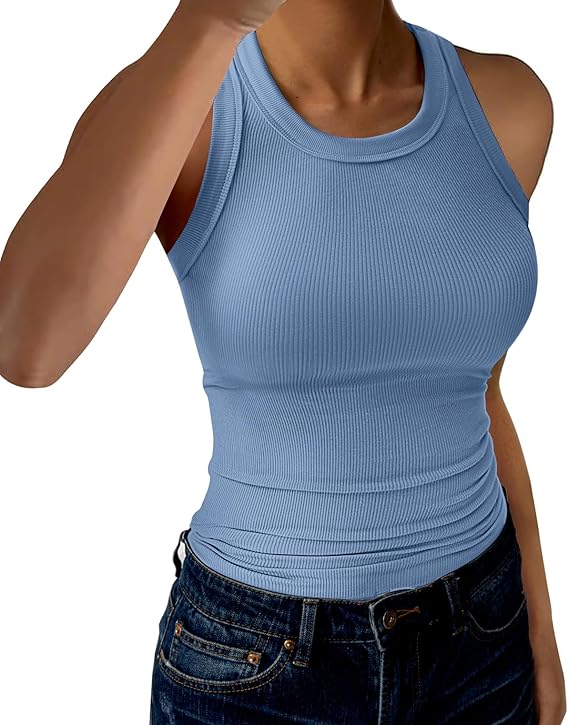 Womens Tank Tops High Neck Sleeveless Ribbed Tank Casual Basic Thick Strap Slim Fitted Racerback Shirts