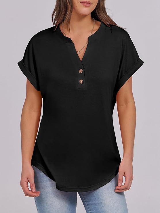 Womens Short Sleeve Henley Tops V Neck Dressy Casual Blouses Summer Trendy Tee Shirts 2026 Vacation Fashion Clothes