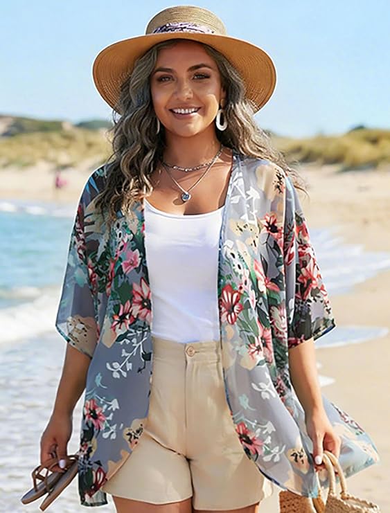 Women's Floral Print Puff Sleeve Kimono Cardigan Loose Cover Up Casual Blouse Tops 2026