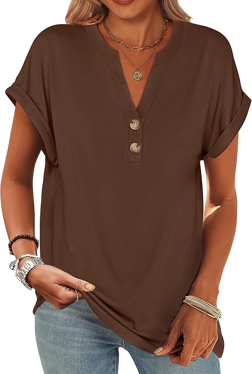 Womens Short Sleeve Henley Tops V Neck Dressy Casual Blouses Summer Trendy Tee Shirts 2026 Vacation Fashion Clothes