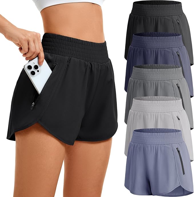 Women's Athletic Workout Short High Waisted Elastic Running Shorts with Pockets for Gym Casual