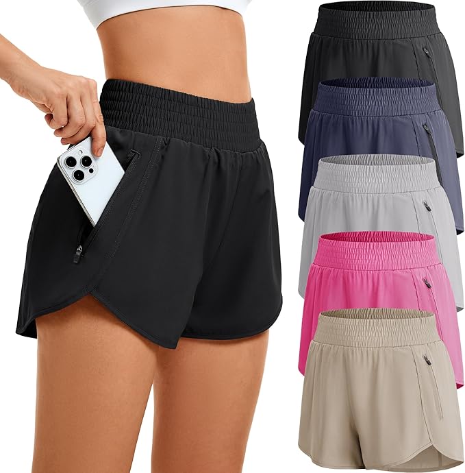 Women's Athletic Workout Short High Waisted Elastic Running Shorts with Pockets for Gym Casual