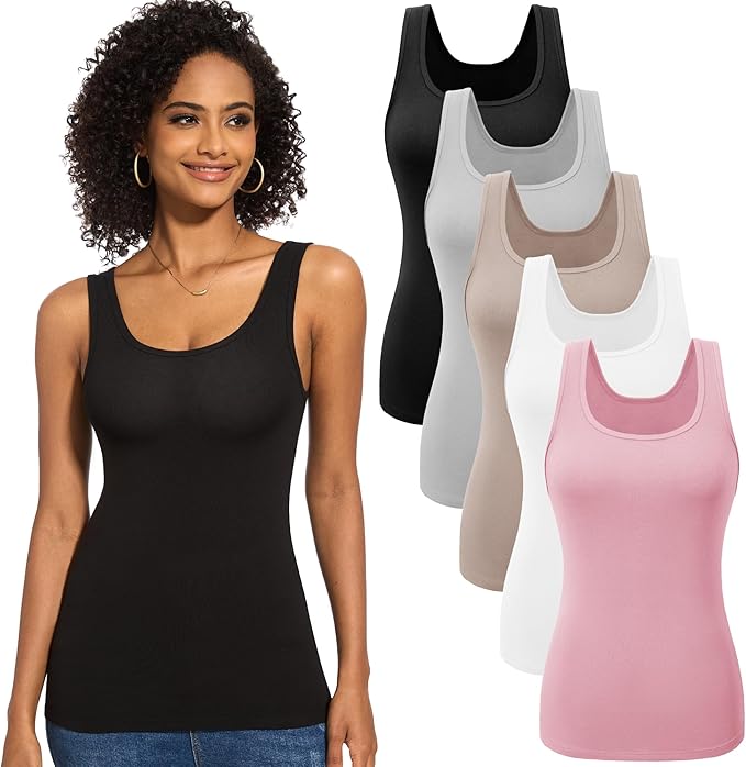 5 Pack Basic Tank Tops for Women Undershirt Ribbed Sleeveless Scoop Neck Casual Layering Basic Tanks Top