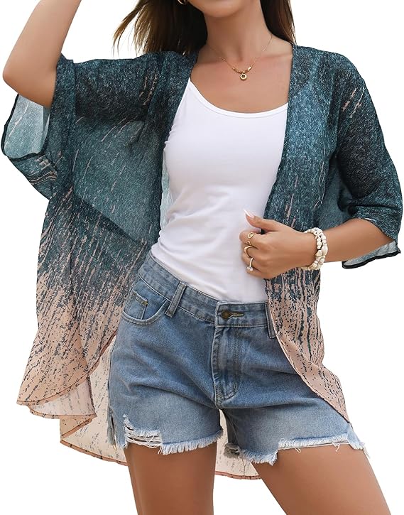 Women's Floral Print Puff Sleeve Kimono Cardigan Loose Cover Up Casual Blouse Tops 2026