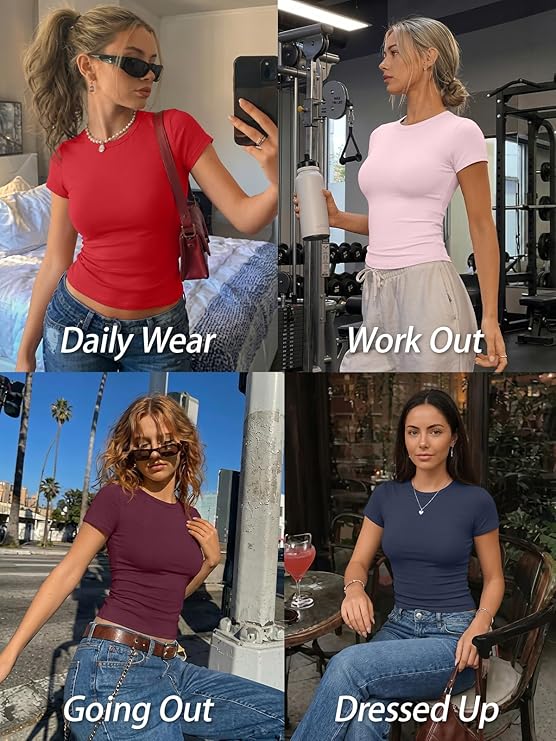 Womens Short Sleeve T Shirts - Buttery Soft Summer Crop Tops Slim Fit Y2k Basic Tees for Workout