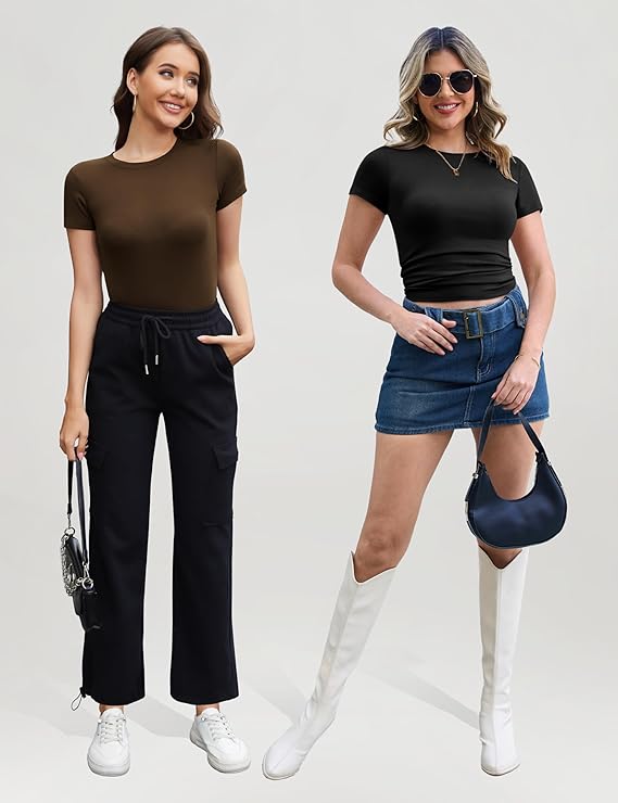 3/5 Pack Womens T Shirts Crew Neck Short Sleeve Shirts for Women Casual Basic Tees Fitted Stretchy Layering Tops