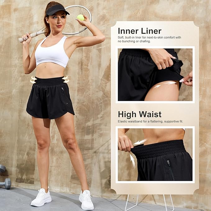 Women's Athletic Workout Short High Waisted Elastic Running Shorts with Pockets for Gym Casual