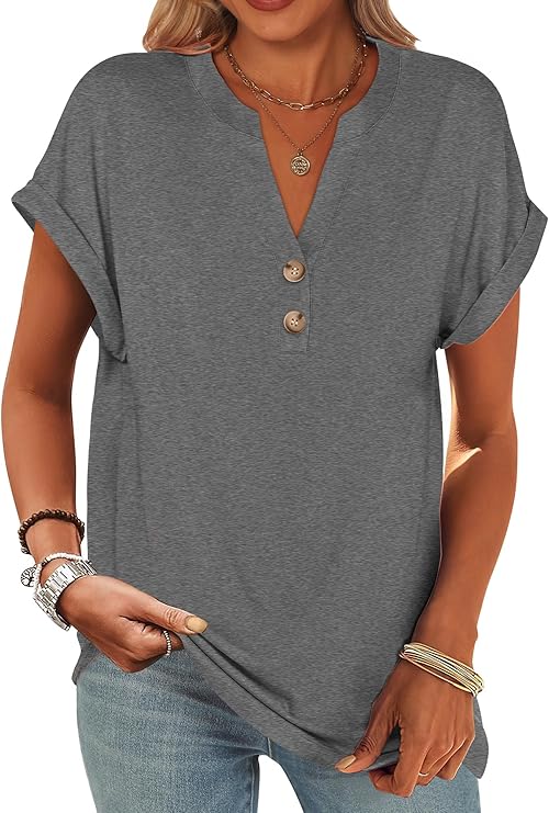 Womens Short Sleeve Henley Tops V Neck Dressy Casual Blouses Summer Trendy Tee Shirts 2026 Vacation Fashion Clothes