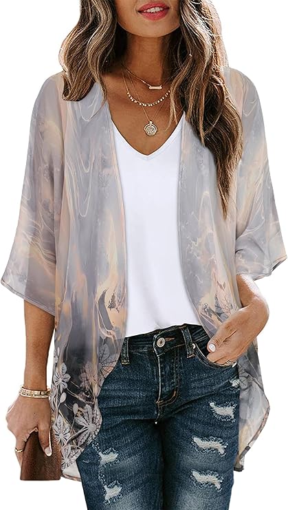 Women's Floral Print Puff Sleeve Kimono Cardigan Loose Cover Up Casual Blouse Tops 2026