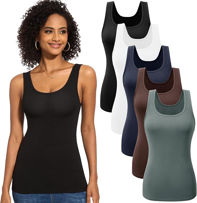 5 Pack Basic Tank Tops for Women Undershirt Ribbed Sleeveless Scoop Neck Casual Layering Basic Tanks Top