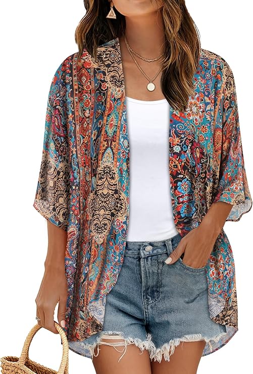 Women's Floral Print Puff Sleeve Kimono Cardigan Loose Cover Up Casual Blouse Tops 2026