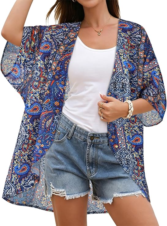 Women's Floral Print Puff Sleeve Kimono Cardigan Loose Cover Up Casual Blouse Tops 2026