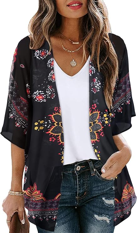 Women's Floral Print Puff Sleeve Kimono Cardigan Loose Cover Up Casual Blouse Tops 2026