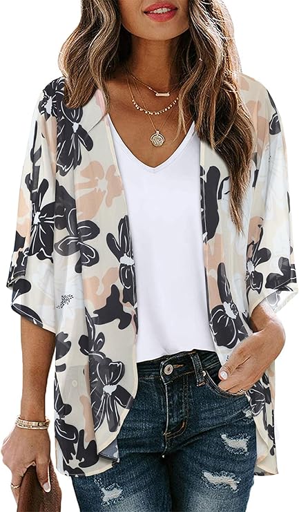 Women's Floral Print Puff Sleeve Kimono Cardigan Loose Cover Up Casual Blouse Tops 2026