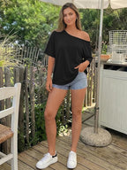 Womens Off the Shoulder Tops Oversized Summer Spring T-Shirts 2026