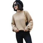 Solid color half neck knit pullover sweater design for women