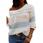 Stripe knit loose long sleeve round neck sweater design for women