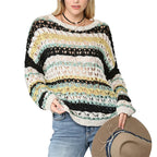 Stripe stitching hollow knit loose fit round neck sweater for women