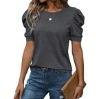 Women casual puff sleeve pullover t shirt in solid color