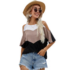 Women wearing geometric panel short sleeve polyester t shirt in multicolor