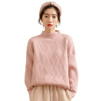 Women wearing half neck solid color knit sweater pullover