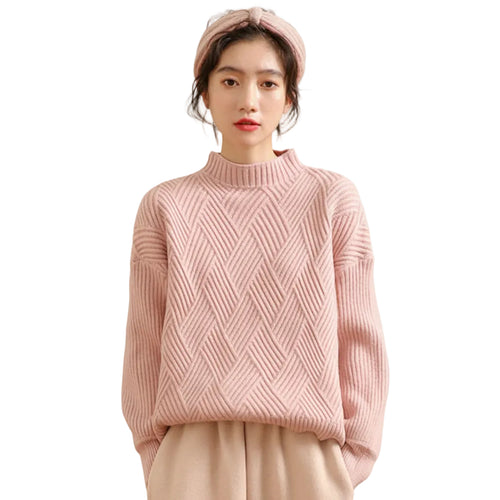 Women wearing half neck solid color knit sweater pullover
