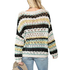 Hollow knit loose fit round neck sweater with stripe design for women