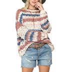 Women wearing hollow knit sweater with stripe stitching round neck loose fit