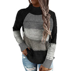 Hollow stitching turtleneck knit long length sweater for women