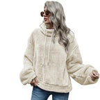 Women wearing hooded solid color plush loose fit polyester sweater