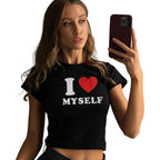 Women wearing letter print slim fit short sleeve cotton t shirt short length