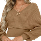 Women loose fit solid color sweater with lantern sleeve design