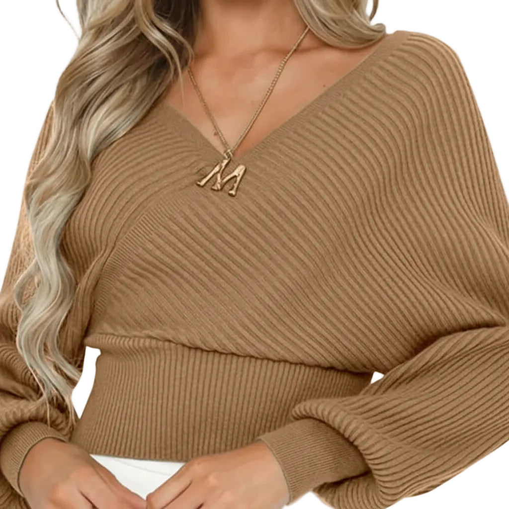 Women loose fit solid color sweater with lantern sleeve design
