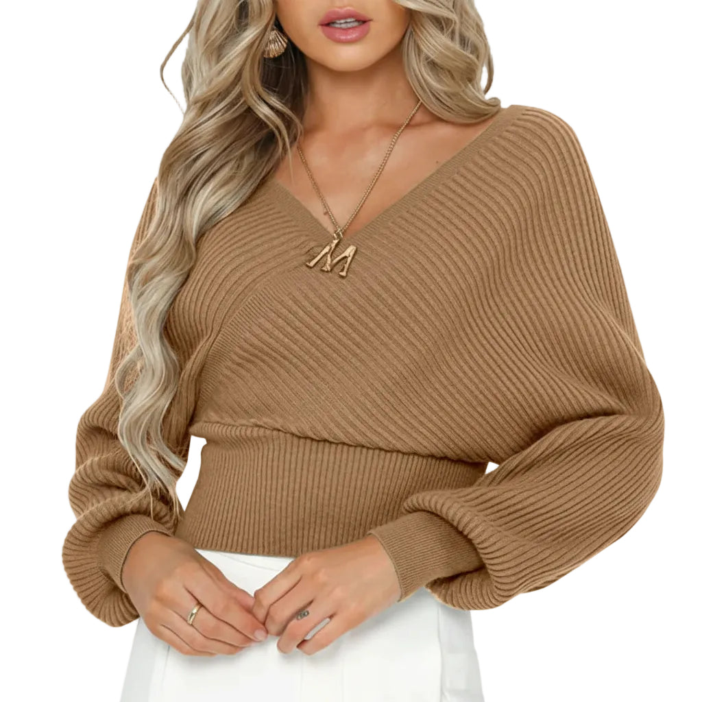 Women loose solid color polyester sweater with lantern sleeve style
