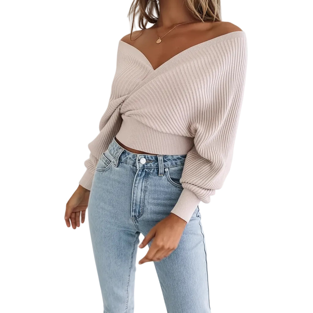 Women wearing loose solid color polyester sweater with lantern sleeve