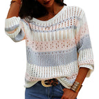 Casual style loose stripe knit long sleeve sweater for women