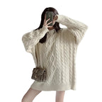 Loose twist knit long sleeve mid length sweater for women