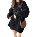Women wearing loose twist knit sweater mid length pullover long sleeve
