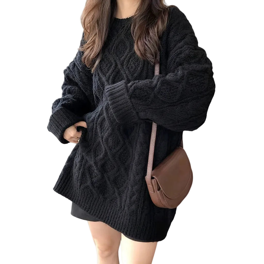 Mid length twist knit loose fit sweater for women