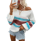 Modern look off shoulder rainbow stripe lantern sleeve sweater for women