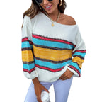 Relaxed loose fit off shoulder rainbow stripe sweater for women